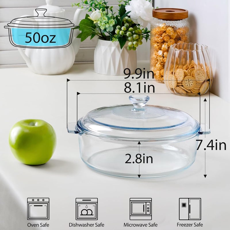 NUTRIUPS Glass Casserole Dish with Lid Oven Safe Covered Round Casserole Dish with Handles, Glass Microwavable Bowl With Glass Lid Casserole Cookware (1.7L) - Image 2