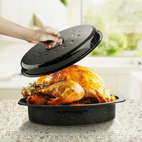 DIMESHY 13Inch Roasting Pan, Enamel on Steel, Black Covered Oval Roaster Pan with Lid, Small Cookware for Turkey, Small Chicken, Roast Baking Pan. - Image 5
