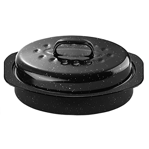 DIMESHY 13Inch Roasting Pan, Enamel on Steel, Black Covered Oval Roaster Pan with Lid, Small Cookware for Turkey, Small Chicken, Roast Baking Pan. - Image 1