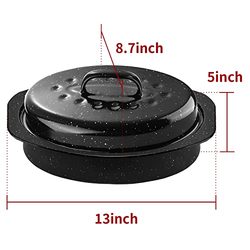 DIMESHY 13Inch Roasting Pan, Enamel on Steel, Black Covered Oval Roaster Pan with Lid, Small Cookware for Turkey, Small Chicken, Roast Baking Pan. - Image 2