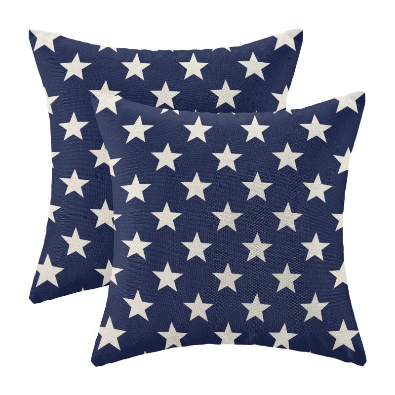 AEIOAE 4th of July Decorations Pillow Covers 18x18 Inch Set of 2 Independence Day Patriotic Navy Blue Stars Throw Pillows Linen Farmhouse Holiday Cushion Case for Sofa Living Room Outdoor Decor