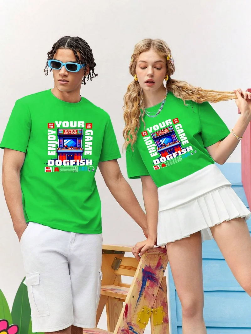 دوغ فش Lover Combination Couple Classic Pixels Timeless Fun Printed Oversize Cotton T-Shirt 2-Pack