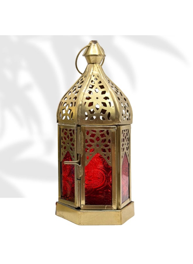 سوق ديزاينز مجموعة فوانيس مغربية من سوق ديزاينز، قطعتان - فوانيس معلقة وفوانيس طاولة مزخرفة لرمضان والعيد وعيد الميلاد - معدن ذهبي مع زجاج أحمر وأزرق، حامل شموع، ديكور مغربي للمنزل وغرفة المعيشة - Image 4