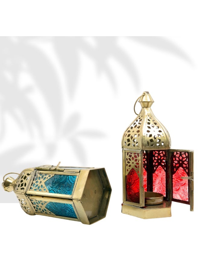 سوق ديزاينز مجموعة فوانيس مغربية من سوق ديزاينز، قطعتان - فوانيس معلقة وفوانيس طاولة مزخرفة لرمضان والعيد وعيد الميلاد - معدن ذهبي مع زجاج أحمر وأزرق، حامل شموع، ديكور مغربي للمنزل وغرفة المعيشة - Image 5