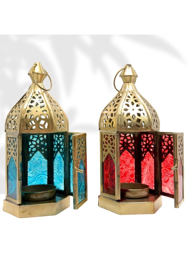 سوق ديزاينز مجموعة فوانيس مغربية من سوق ديزاينز، قطعتان - فوانيس معلقة وفوانيس طاولة مزخرفة لرمضان والعيد وعيد الميلاد - معدن ذهبي مع زجاج أحمر وأزرق، حامل شموع، ديكور مغربي للمنزل وغرفة المعيشة - Image 2