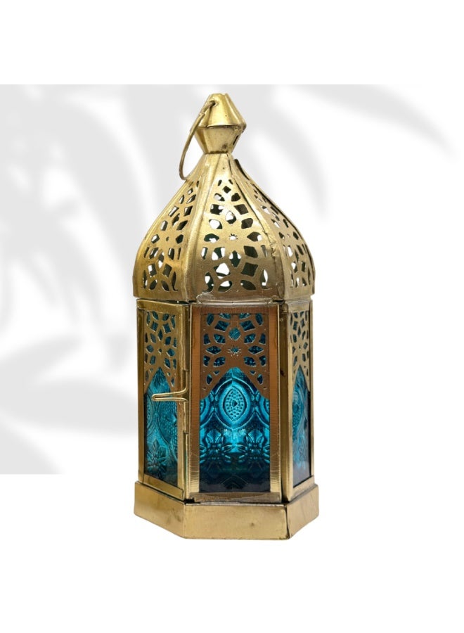 سوق ديزاينز مجموعة فوانيس مغربية من سوق ديزاينز، قطعتان - فوانيس معلقة وفوانيس طاولة مزخرفة لرمضان والعيد وعيد الميلاد - معدن ذهبي مع زجاج أحمر وأزرق، حامل شموع، ديكور مغربي للمنزل وغرفة المعيشة - Image 3
