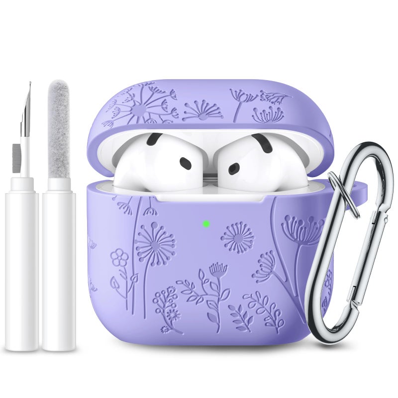 Lerobo Cute Silicone Case Cover for Airpods 4 Case with Cleaner Kit, Flower Engraved Protective Case Cover with Keychain Compatible with Apple Airpods 4 Case 2024, Bluish Violet - Image 1