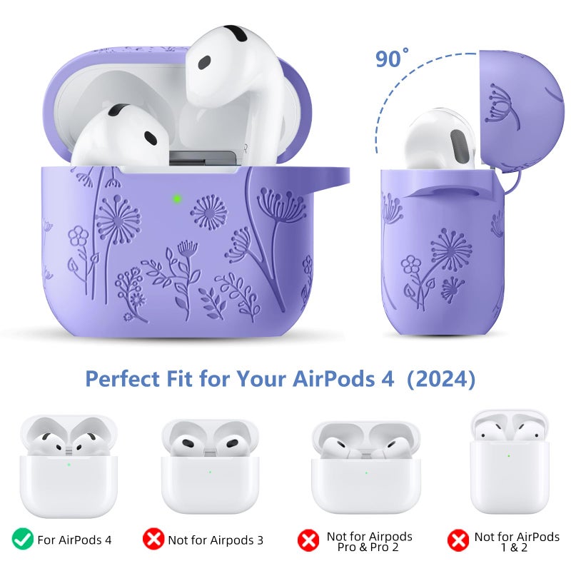 Lerobo Cute Silicone Case Cover for Airpods 4 Case with Cleaner Kit, Flower Engraved Protective Case Cover with Keychain Compatible with Apple Airpods 4 Case 2024, Bluish Violet - Image 4
