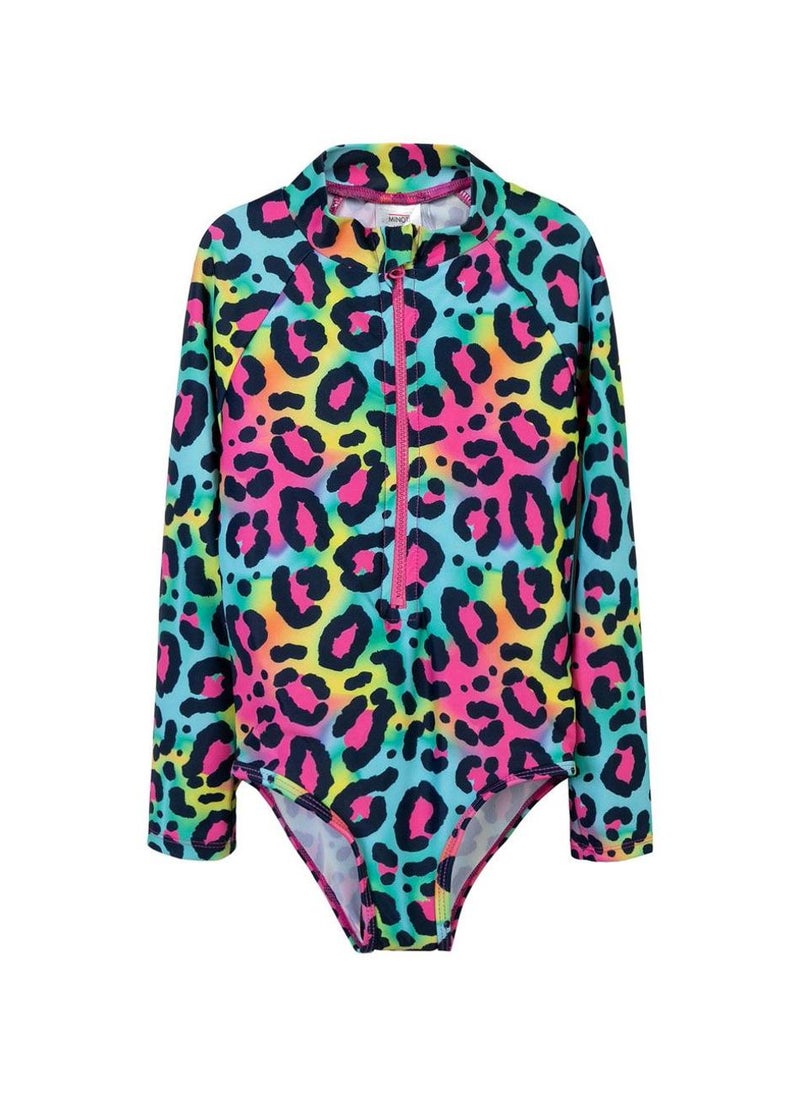 MINOTI Girls' Long Sleeve Zip Swimsuit with Allover Print - Image 1