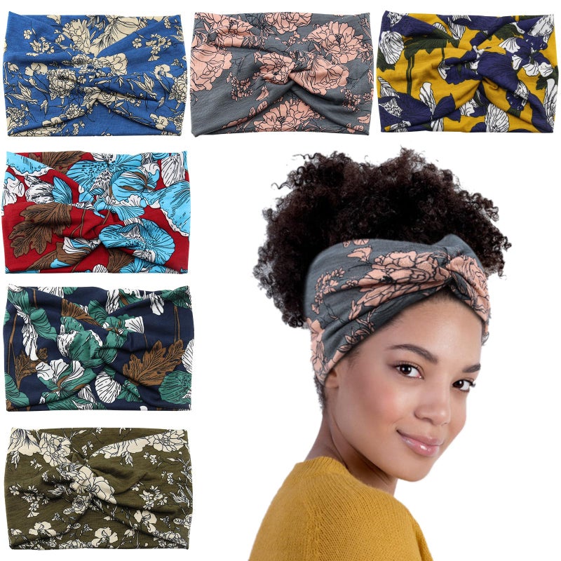 Carede Wide Headbands for Women Girls,Floral Printed Boho Headband Turban Knot Hairband Twist Workout Headbands Fashion Yoga Hair Bands,Pack of 6 - Image 1