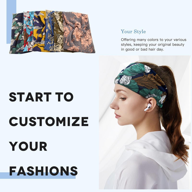 Carede Wide Headbands for Women Girls,Floral Printed Boho Headband Turban Knot Hairband Twist Workout Headbands Fashion Yoga Hair Bands,Pack of 6 - Image 4