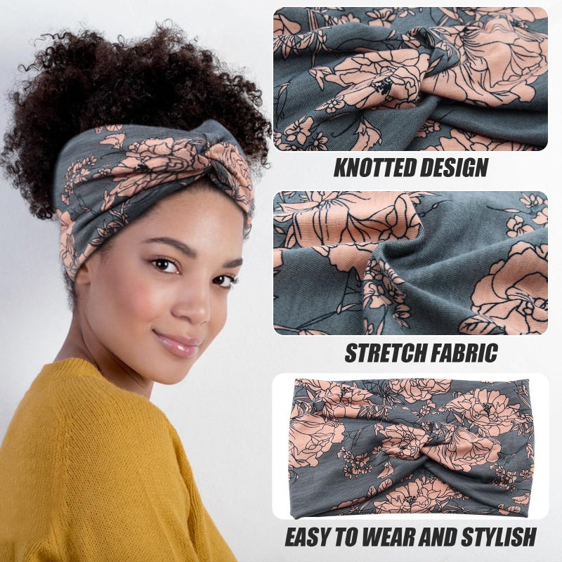 Carede Wide Headbands for Women Girls,Floral Printed Boho Headband Turban Knot Hairband Twist Workout Headbands Fashion Yoga Hair Bands,Pack of 6 - Image 5