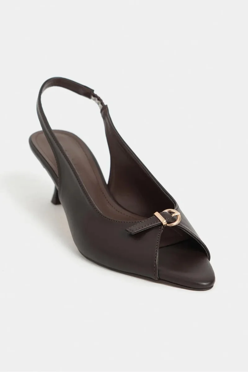 Nisantasi Shoes Rone Matte Pointed Toe Front Buckle Slim Heel Slingback — Brown Light