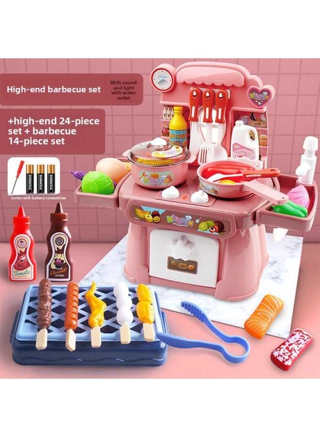Children's Play House Toy Mini Kitchen Boys And Girls Birthday Gift Cooking Cooking Kitchenware Suit-Color:24-piece Set +14-piece Barbecue Set: With Sound And Light With Water + Battery * 3 Tablets + Screwdriver * 1  - Image 1