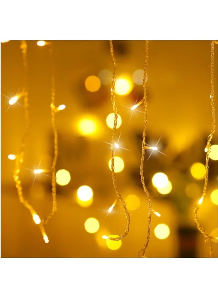 Lxhaung Icicle Lights 90 LED 10 ft Short Curtain Lights with 8 Modes Remote Control Powerd by USB Battery - Waterproof Fairy String Lights Indoor Outdoor Holiday Party Window Decoration Warm White - Image 1