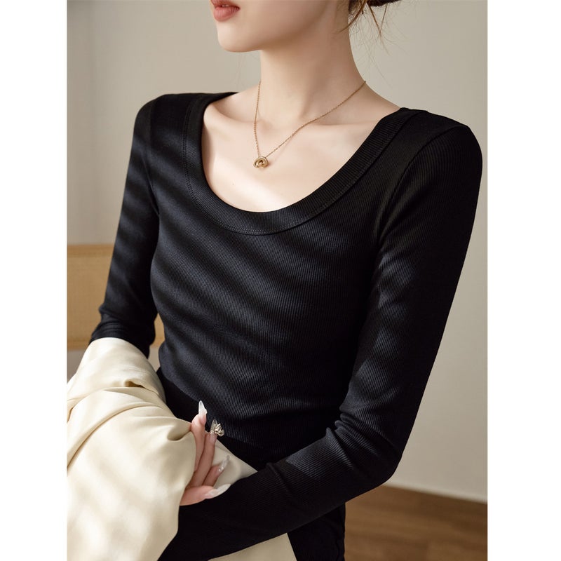 No Fear Goods Biyou Cotton Threaded U-Neck Long-Sleeved T-Shirt for Women 2025 Autumn and Winter New Slim Fit Top Bottoming Shirt Korea - Image 1