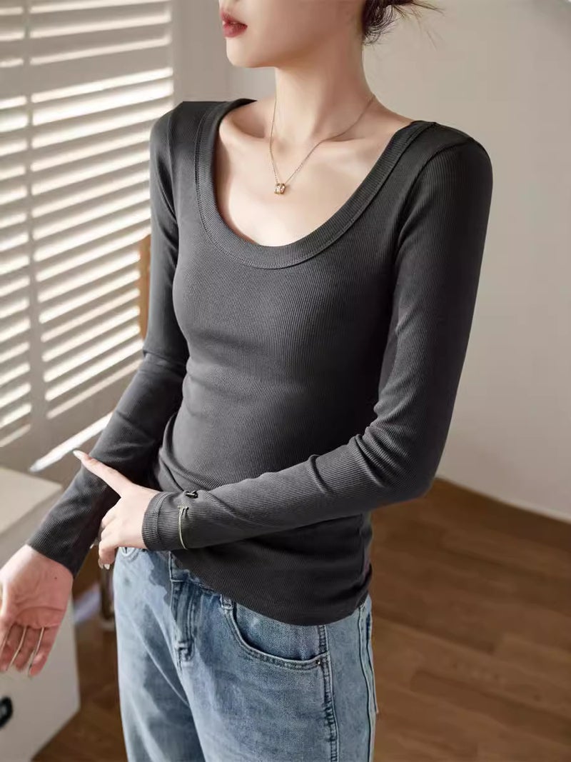 No Fear Goods Biyou Cotton Threaded U-Neck Long-Sleeved T-Shirt for Women 2025 Autumn and Winter New Slim Fit Top Bottoming Shirt Korea - Image 2