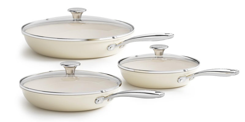 Redchef Nonstick Cookware Sets, Frying Pan Set with Tempered Glass Lids, Ceramic Cookware Set, Stay-Cool Handles, Dishwasher & Oven Safe, Compatible with All Cooktops, Beige (8+9.5+11 Inch) - Image 1