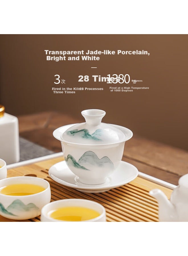 Qixuanyuan Jade And Porcelain Kung Fu Tea Set Gift Box For Home And Office Use, Includes Gaiwan And Teacups, Complete Set For Festivals And Annual Meetings, Gift-giving - Image 1