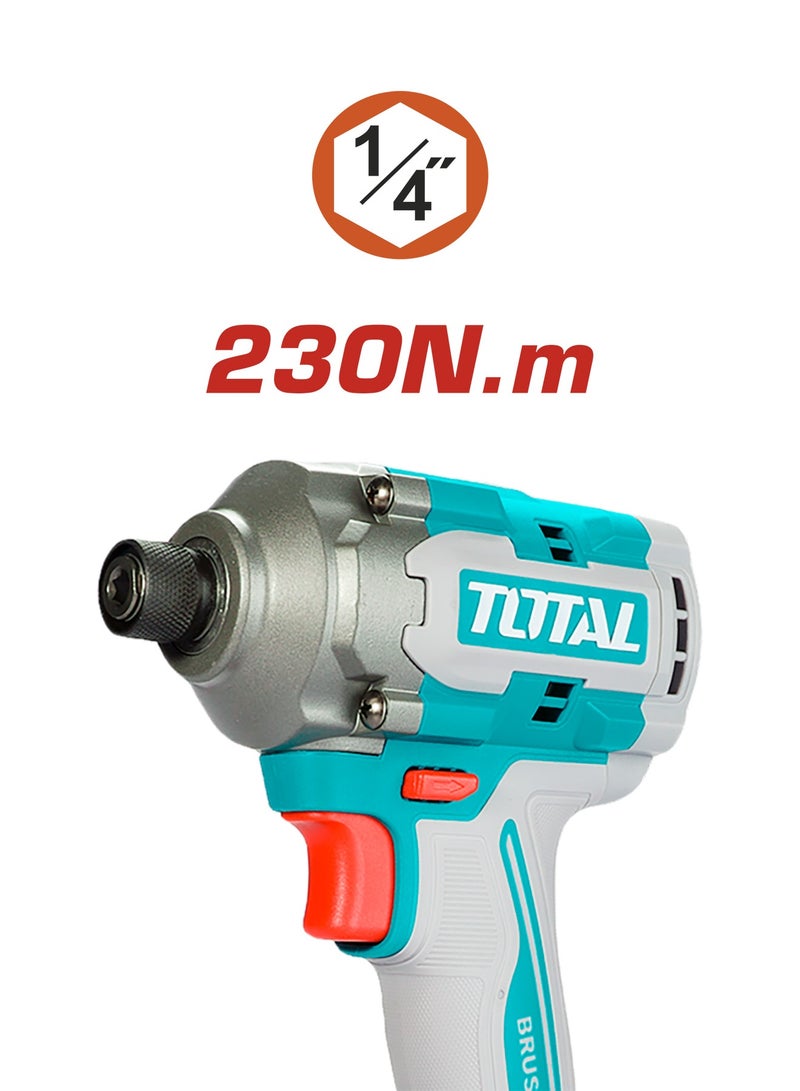 توتال مفك صدمي لاسلكي بدون فرشات من توتال 20 فولت (230 نيوتن متر) - ساق سداسي 1/4 بوصة مع تحكم بثلاث سرعات (2900 دورة في الدقيقة)، بطاريتان سعة 2.0 أمبير/ساعة، شاحن سريع وحقيبة حمل - TIRLI2023 - Image 4