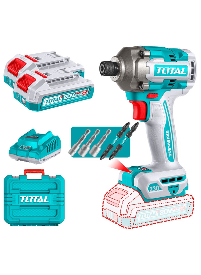 توتال مفك صدمي لاسلكي بدون فرشات من توتال 20 فولت (230 نيوتن متر) - ساق سداسي 1/4 بوصة مع تحكم بثلاث سرعات (2900 دورة في الدقيقة)، بطاريتان سعة 2.0 أمبير/ساعة، شاحن سريع وحقيبة حمل - TIRLI2023 - Image 1