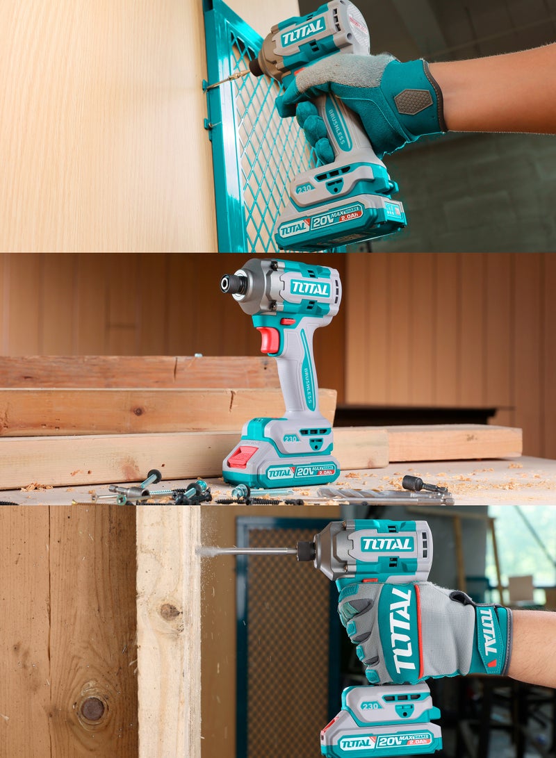 توتال مفك صدمي لاسلكي بدون فرشات من توتال 20 فولت (230 نيوتن متر) - ساق سداسي 1/4 بوصة مع تحكم بثلاث سرعات (2900 دورة في الدقيقة)، بطاريتان سعة 2.0 أمبير/ساعة، شاحن سريع وحقيبة حمل - TIRLI2023 - Image 3