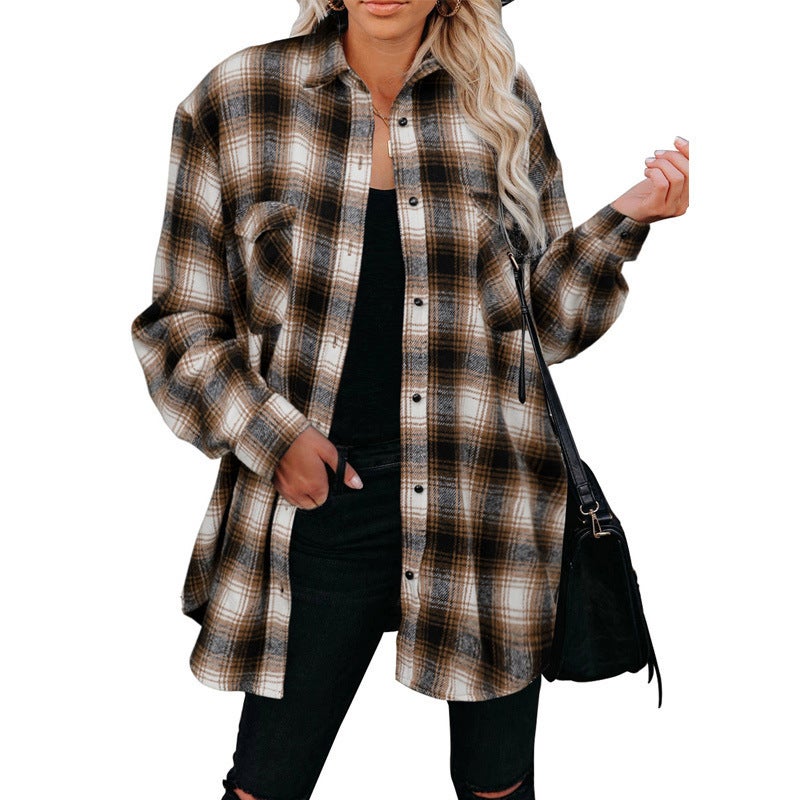 Women's Plaid Shirt Autumn Winter Long Sleeve Loose Fit Turn-down Collar Shirt - Image 3