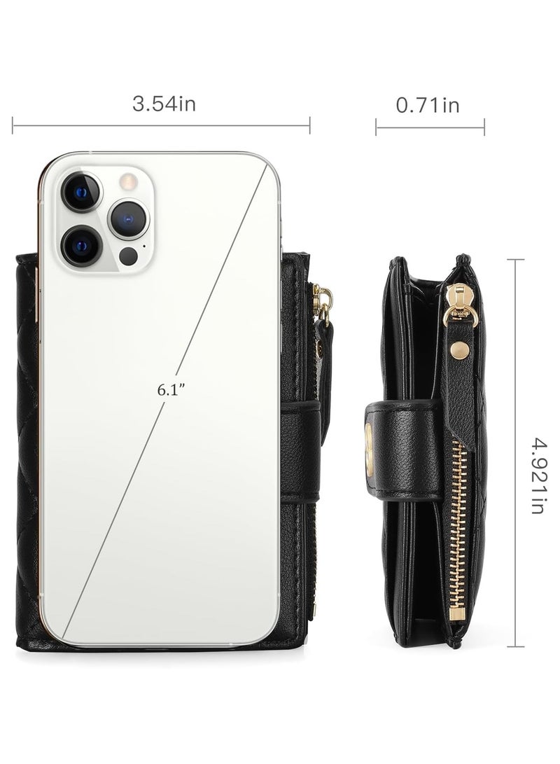 محفظة صغيرة بسحاب صغير للنساء، محفظة جلدية رفيعة من جلد البولي يوريثان لحمل البطاقات الائتمانية مع نافذة للهوية، محفظة صغيرة للعملات المعدنية للسيدات، أسود - Image 5