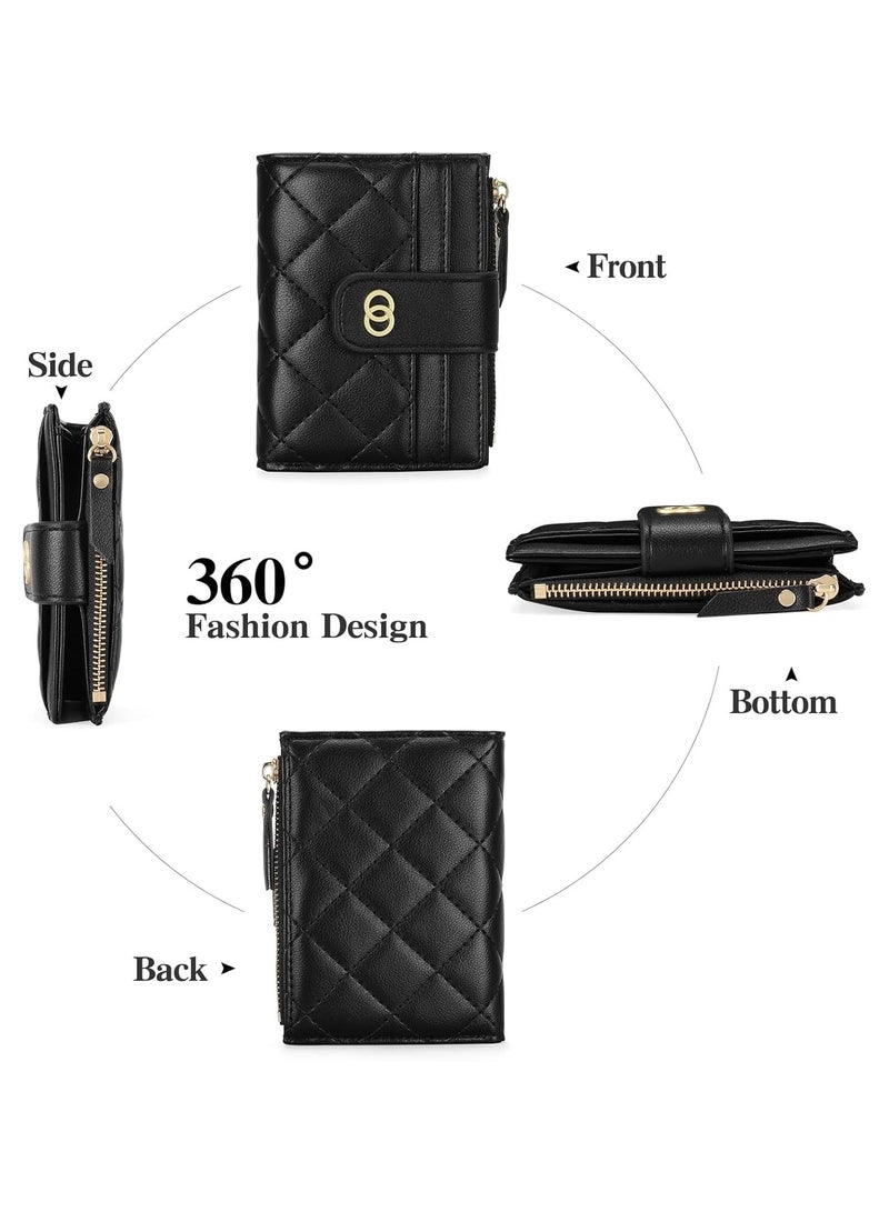 محفظة صغيرة بسحاب صغير للنساء، محفظة جلدية رفيعة من جلد البولي يوريثان لحمل البطاقات الائتمانية مع نافذة للهوية، محفظة صغيرة للعملات المعدنية للسيدات، أسود - Image 3