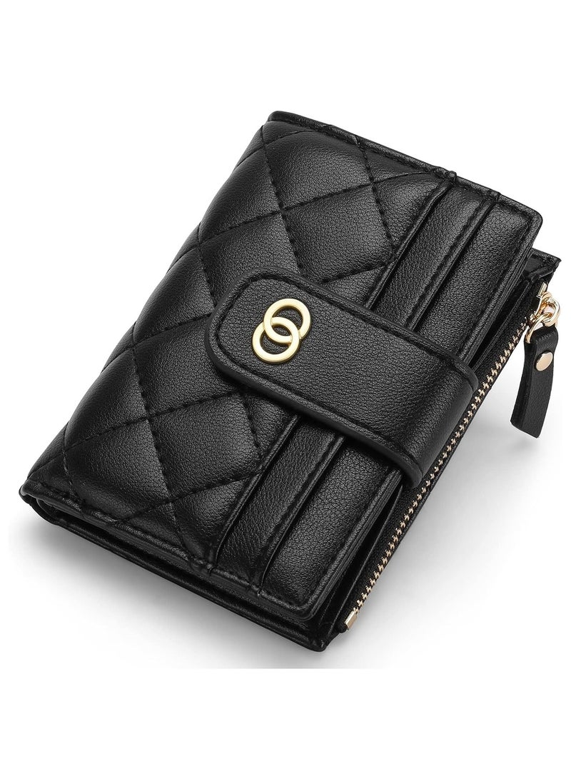 محفظة صغيرة بسحاب صغير للنساء، محفظة جلدية رفيعة من جلد البولي يوريثان لحمل البطاقات الائتمانية مع نافذة للهوية، محفظة صغيرة للعملات المعدنية للسيدات، أسود - Image 2