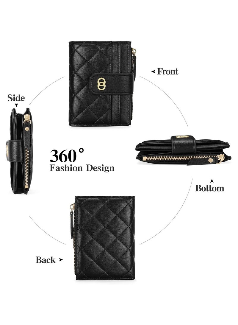 محفظة صغيرة بسحاب صغير للنساء، محفظة جلدية رفيعة من جلد البولي يوريثان لحمل البطاقات الائتمانية مع نافذة للهوية، محفظة صغيرة للعملات المعدنية للسيدات، أسود - Image 3
