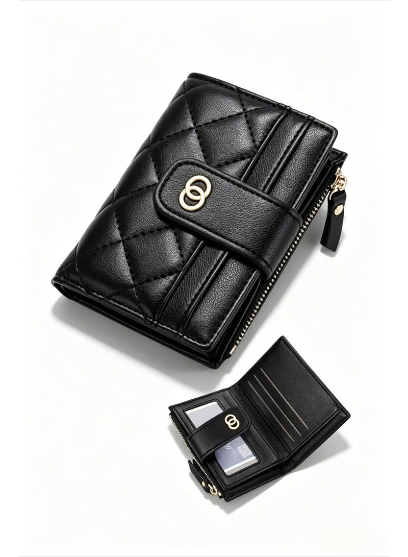 محفظة صغيرة بسحاب صغير للنساء، محفظة جلدية رفيعة من جلد البولي يوريثان لحمل البطاقات الائتمانية مع نافذة للهوية، محفظة صغيرة للعملات المعدنية للسيدات، أسود - Image 1