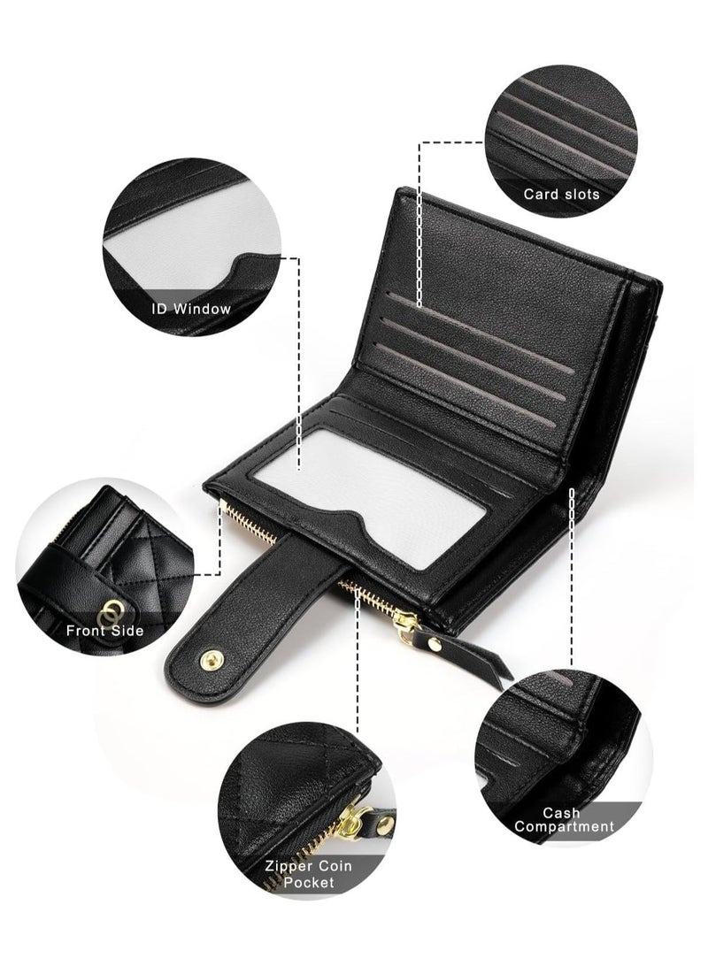 محفظة صغيرة بسحاب صغير للنساء، محفظة جلدية رفيعة من جلد البولي يوريثان لحمل البطاقات الائتمانية مع نافذة للهوية، محفظة صغيرة للعملات المعدنية للسيدات، أسود - Image 4