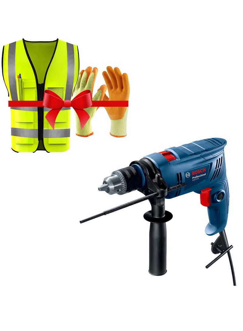 بوش دريل  شنيور تخريم مع هدية (1 جوز من كفوف حماية ربل - 1 من جاكيت سيفتي متعدد الالوان) مع ميزة المطرقة برأس معدني لتخريم الجدار و الحديد والمعادن والخشب 570 وات من بوش  Bosch GSB 570 - Image 1