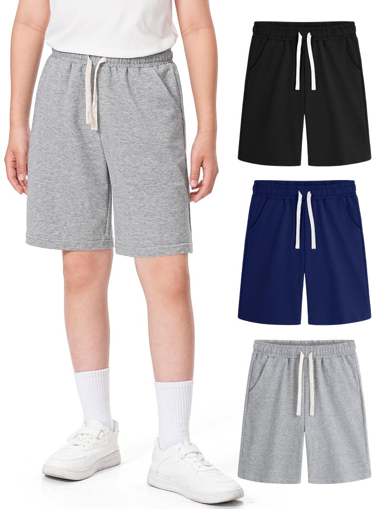 BOOPH 3 Pack Boys Shorts Boy Cotton Athletic Shorts Kids Casual Summer Clothes with Pockets 13-14 Years Black/Light Grey/Navy - Image 1