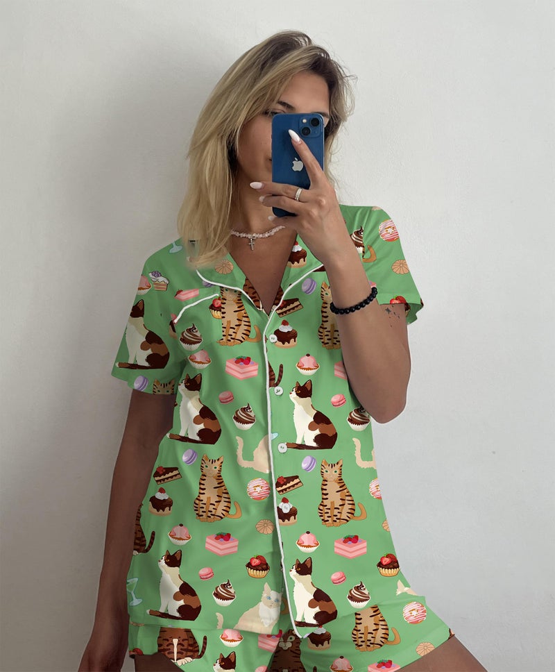 Ekouaer Green Pajama for Women Set Short Sleeve Sleepwear Button Down Pjs Soft 2 Piece Loungewear Green Cat Print Large - Image 2