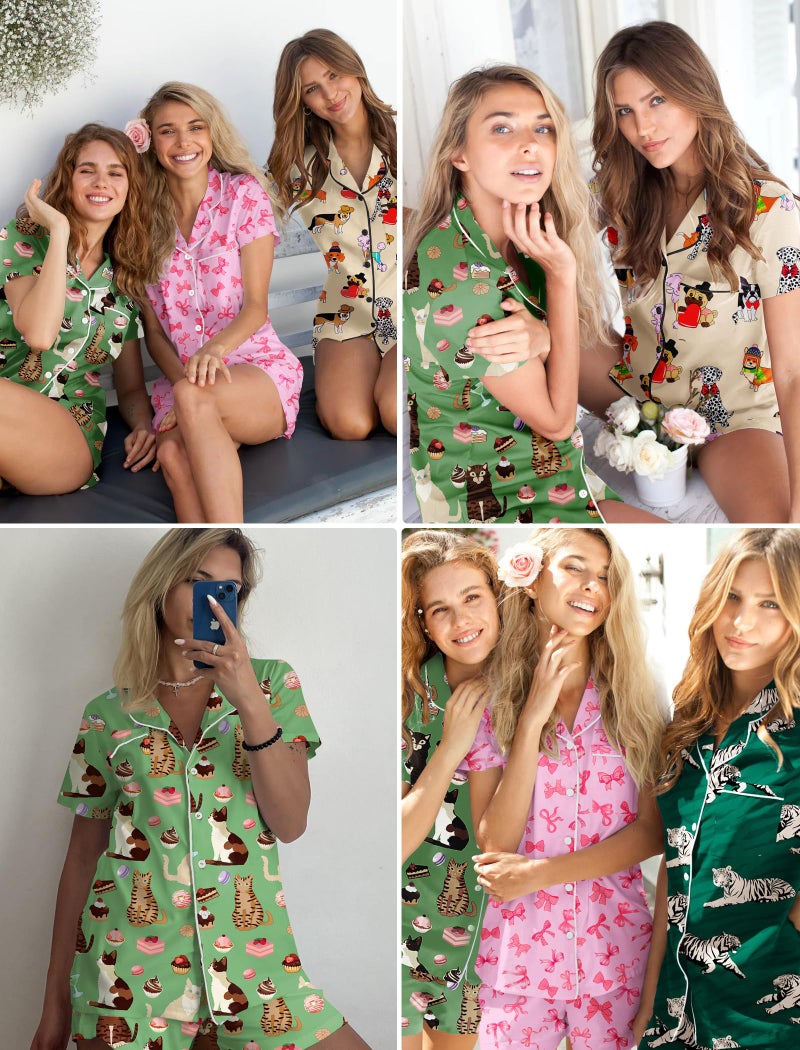 Ekouaer Green Pajama for Women Set Short Sleeve Sleepwear Button Down Pjs Soft 2 Piece Loungewear Green Cat Print Large - Image 4