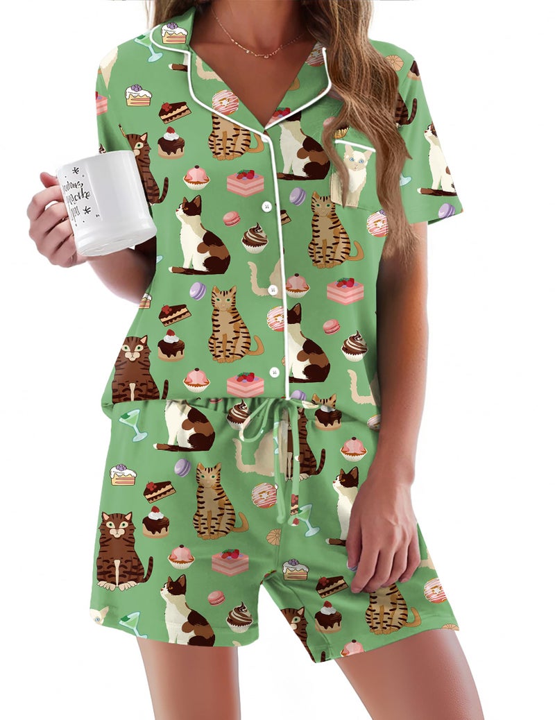 Ekouaer Green Pajama for Women Set Short Sleeve Sleepwear Button Down Pjs Soft 2 Piece Loungewear Green Cat Print Large - Image 1