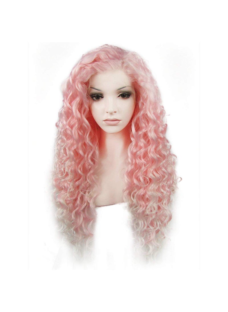Ebingoo Ebingoo 26 Inch Long Curly Lace Front Wig for Women Girls  Wig Cap Natural Pink Mixed White Lace Front Wig Free Part Glueless Fashion Synthetic Wig for Women Daily Wear 
