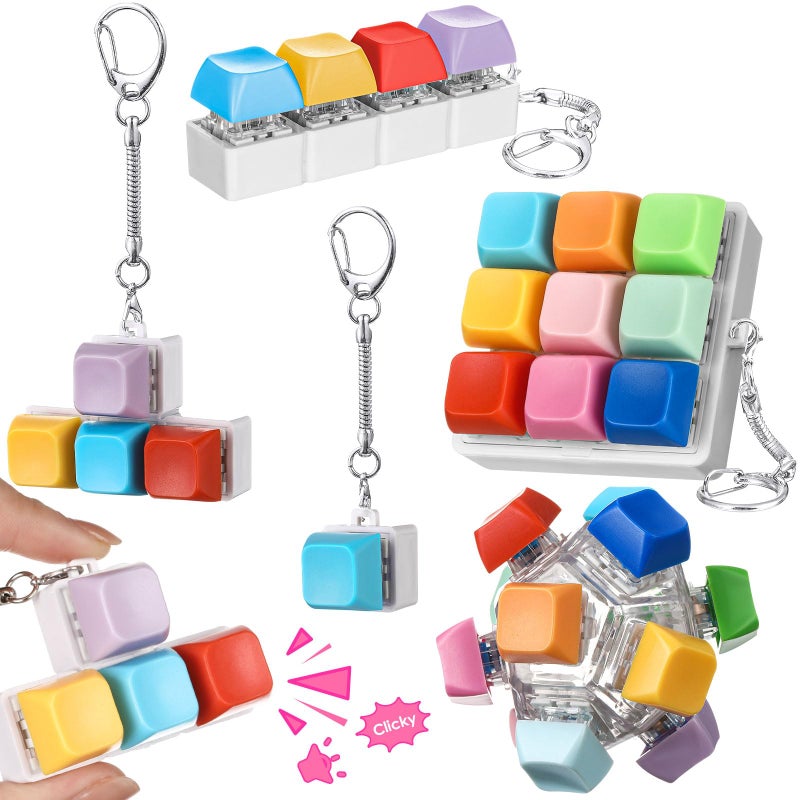 Halloscume 5 Pcs Keyboard Adult Fidget Toy Clicker Toy In 5 Styles Keyboard Fidget Keychain Cube Mechanical Key Button Clicker Stress Relief Gift For Office Home Pass Time(Candy Colors) - Image 1