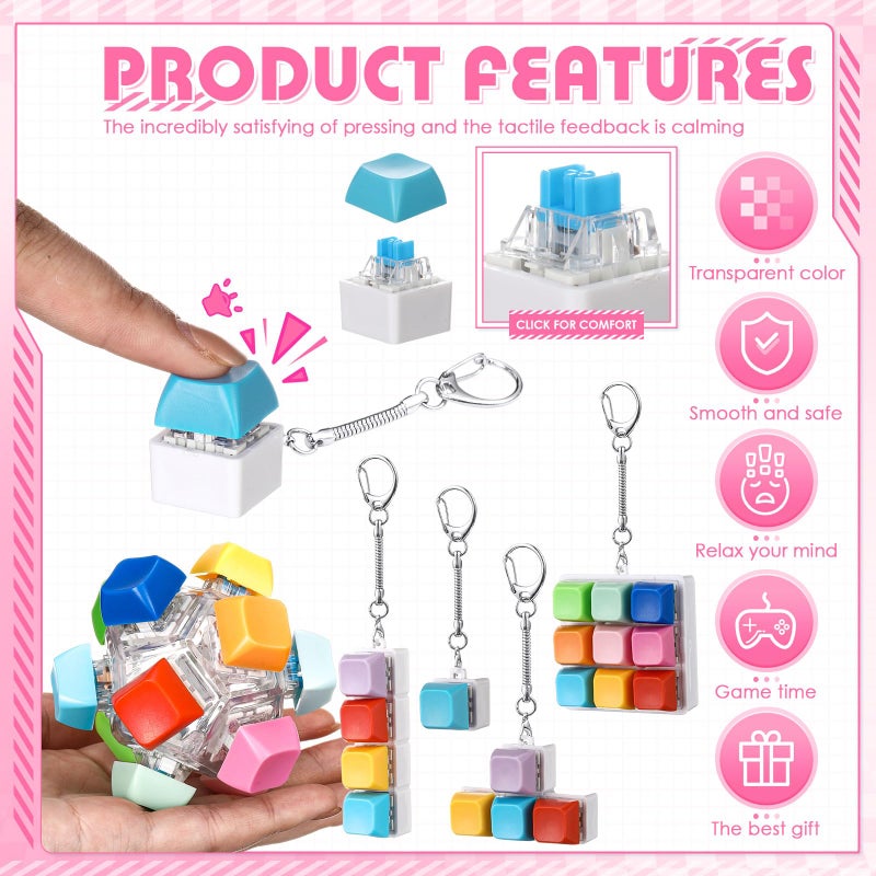 Halloscume 5 Pcs Keyboard Adult Fidget Toy Clicker Toy In 5 Styles Keyboard Fidget Keychain Cube Mechanical Key Button Clicker Stress Relief Gift For Office Home Pass Time(Candy Colors) - Image 3
