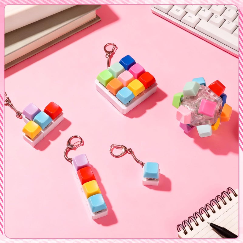 Halloscume 5 Pcs Keyboard Adult Fidget Toy Clicker Toy In 5 Styles Keyboard Fidget Keychain Cube Mechanical Key Button Clicker Stress Relief Gift For Office Home Pass Time(Candy Colors) - Image 4