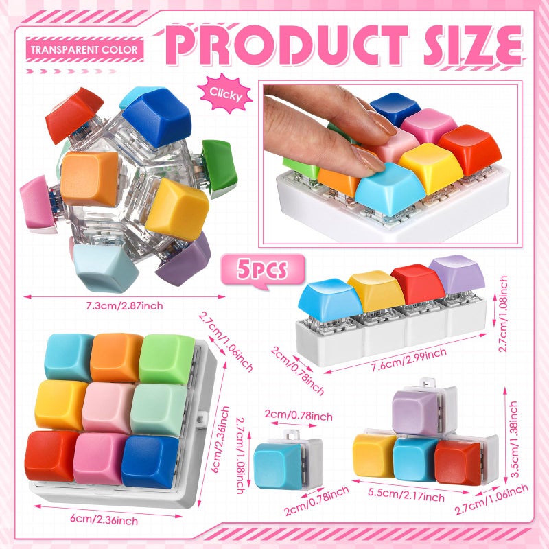 Halloscume 5 Pcs Keyboard Adult Fidget Toy Clicker Toy In 5 Styles Keyboard Fidget Keychain Cube Mechanical Key Button Clicker Stress Relief Gift For Office Home Pass Time(Candy Colors) - Image 2