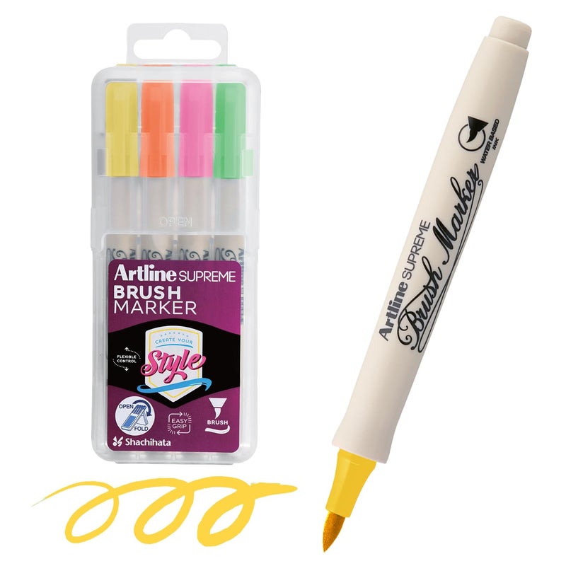 Artline Artline Supreme Brush Marker Assorted Pack Of 4 (Fl.Yellow,Fl.Orange,Fl.Pink,Fl.Green) by Anmol Art & Frames  - Image 1