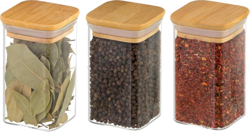 برطمانات زجاجية - غطاء من الخيزران محكم الإغلاق لتخزين أدوات المطبخ، مثالية للتوابل والشاي والسكر والحبوب والبسكويت والحلويات (200 مل) (شكل مربع، 3 قطع)