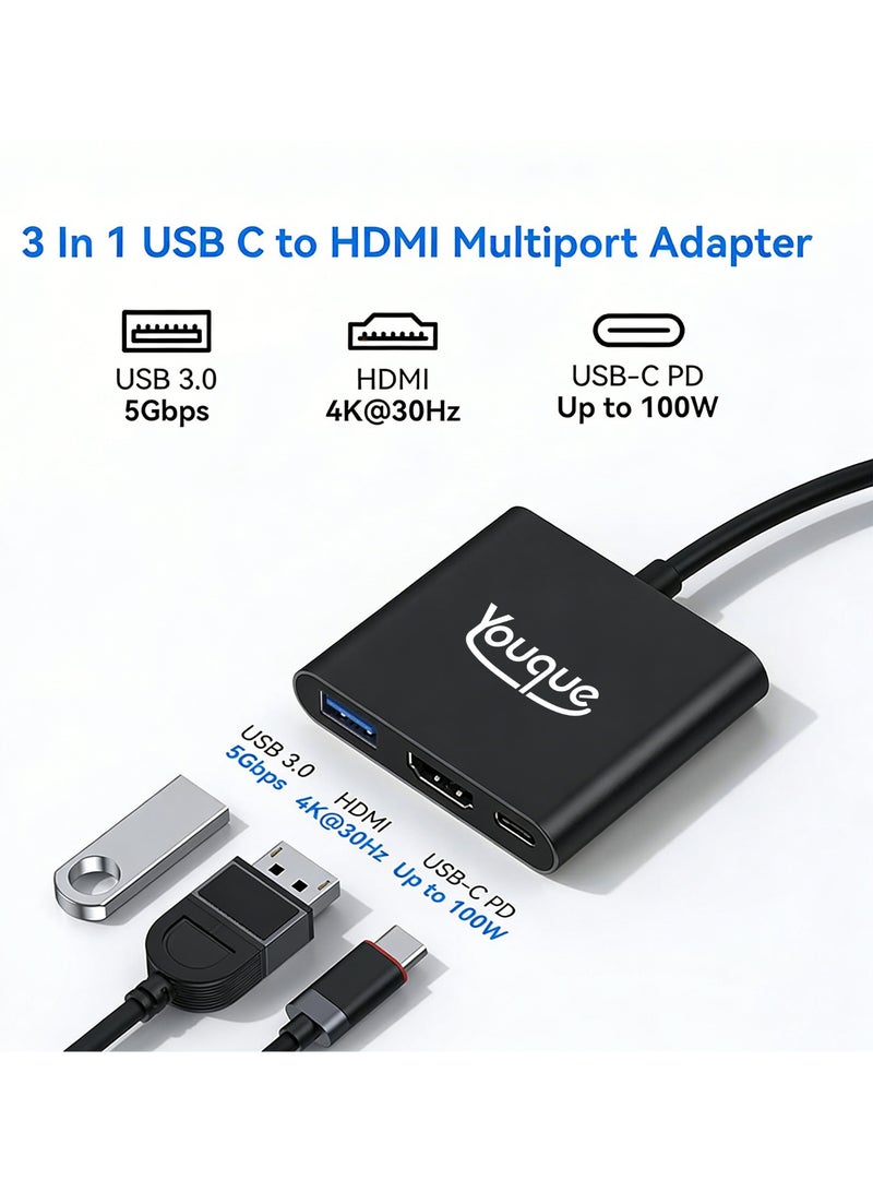 يوك محول 3 في 1 من النوع C إلى HDMI، محول HDMI، محول USB-C وUSB، محول USB-C إلى HDMI متعدد المنافذ مع منفذ شحن، محول HDMI إلى USB-C لتوصيل الشاشة بالكمبيوتر المحمول، محول USB-C إلى USB 3.0 بسرعة 10 جيجابت في الثانية، محول USB-C إلى HDMI بدقة 4K لأجهزة Mac وiPad Pro وMacBook وChromebook (أسود) - Image 3
