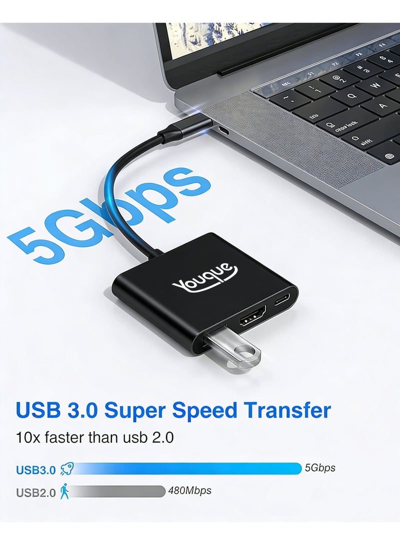 يوك محول 3 في 1 من النوع C إلى HDMI، محول HDMI، محول USB-C وUSB، محول USB-C إلى HDMI متعدد المنافذ مع منفذ شحن، محول HDMI إلى USB-C لتوصيل الشاشة بالكمبيوتر المحمول، محول USB-C إلى USB 3.0 بسرعة 10 جيجابت في الثانية، محول USB-C إلى HDMI بدقة 4K لأجهزة Mac وiPad Pro وMacBook وChromebook (أسود) - Image 4
