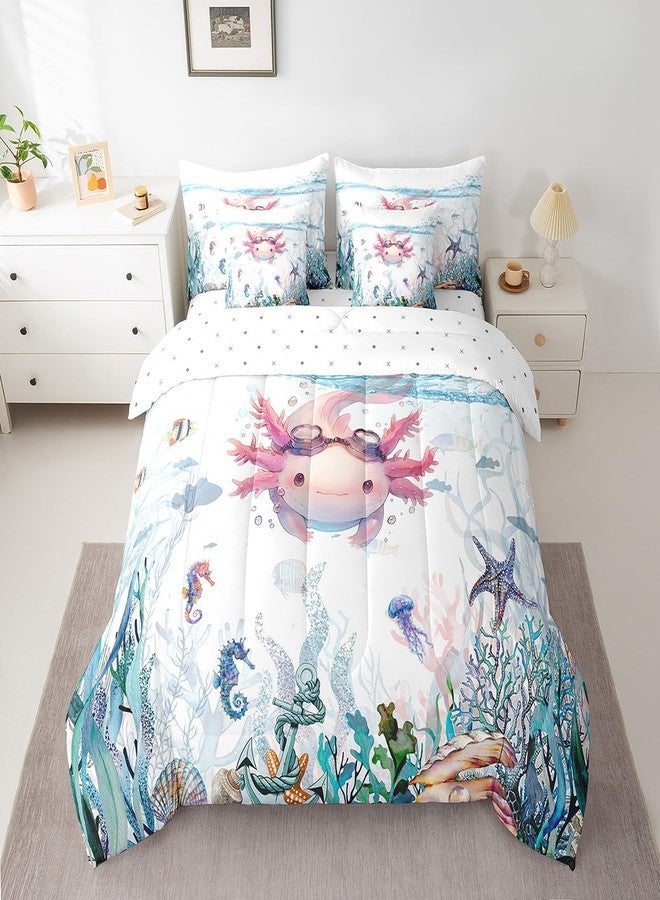 Feelyou Kids Cute Axolotl Twin Comforter Set with Sheets Cartoon Salamander 7 Pieces Bedding Set for Toddler Boys Girls Kawaii Ocean Sealife Bed in a Bag Reptile Animal Bed Set - Image 1