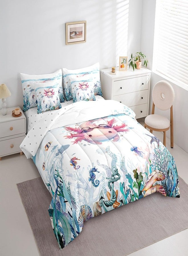Feelyou Kids Cute Axolotl Twin Comforter Set with Sheets Cartoon Salamander 7 Pieces Bedding Set for Toddler Boys Girls Kawaii Ocean Sealife Bed in a Bag Reptile Animal Bed Set - Image 2