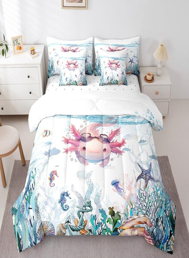 Feelyou Kids Cute Axolotl Twin Comforter Set with Sheets Cartoon Salamander 7 Pieces Bedding Set for Toddler Boys Girls Kawaii Ocean Sealife Bed in a Bag Reptile Animal Bed Set - Image 3